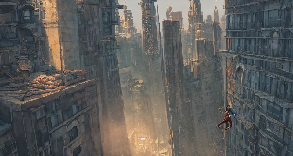 Image similar to an epic fantasy comic book style landscape painting of a hooded thief using a rope to climb a tall building with a fantasy city, unreal 5, daz, hyperrealistic, octane render, dynamic lighting