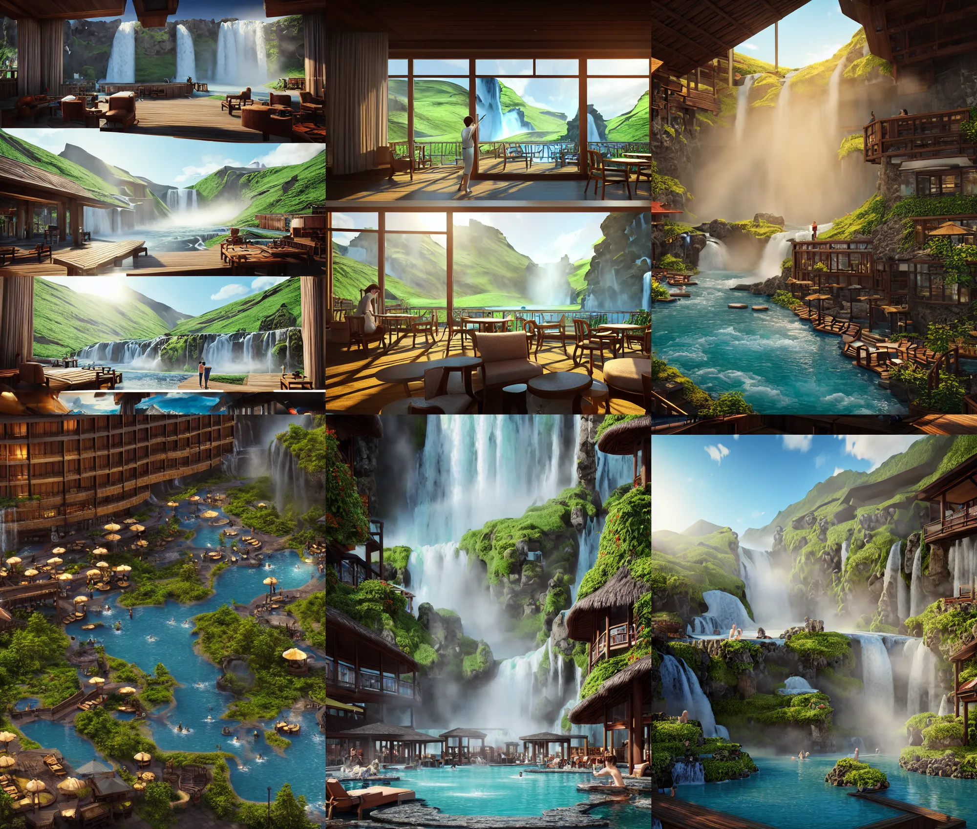 Prompt: establishing wide shot inside resort hotel, beside the combination of iceland hot springs and yangtze river waterfalls, movie still, sunny midday light, soft sunbeam, travel ad, detailed concept art, artstation, realistic, fine details, 4 k, unreal engine, hyperrealism, detailed textures