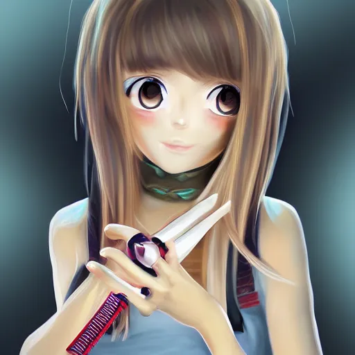 Prompt: portrait of a cute beautiful girl holding a balisong, anime digital art,