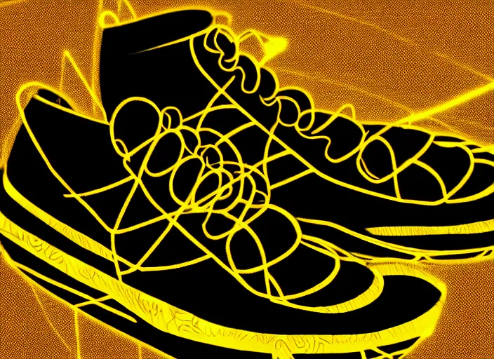 Image similar to glowing black sneaker, wth short golden lines, yellow details, symmetrical, highly detailed, digital art, sharp focus, trending on art station, samurai, electricity superpowers, anime art style