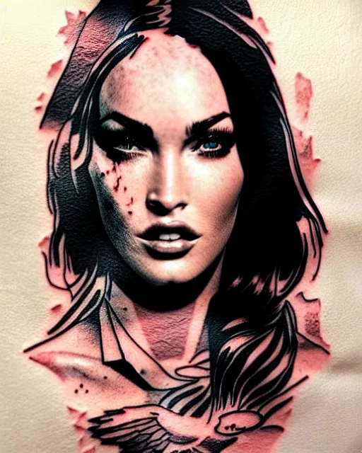 Prompt: double exposure tattoo sketch of megan fox with a mountain background, in the style of matteo pasqualin, amazing detail, sharp