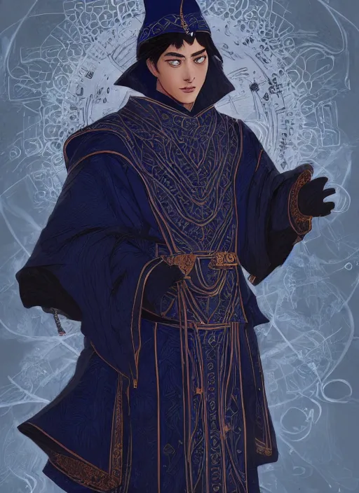 Prompt: a highly detailed illustration of short black haired young asian male wizard wearing ornate navy robe and mage hat, dramatic reading spell book pose, nonchalant expression, intricate, elegant, highly detailed, centered, digital painting, artstation, concept art, smooth, sharp focus, league of legends concept art, WLOP