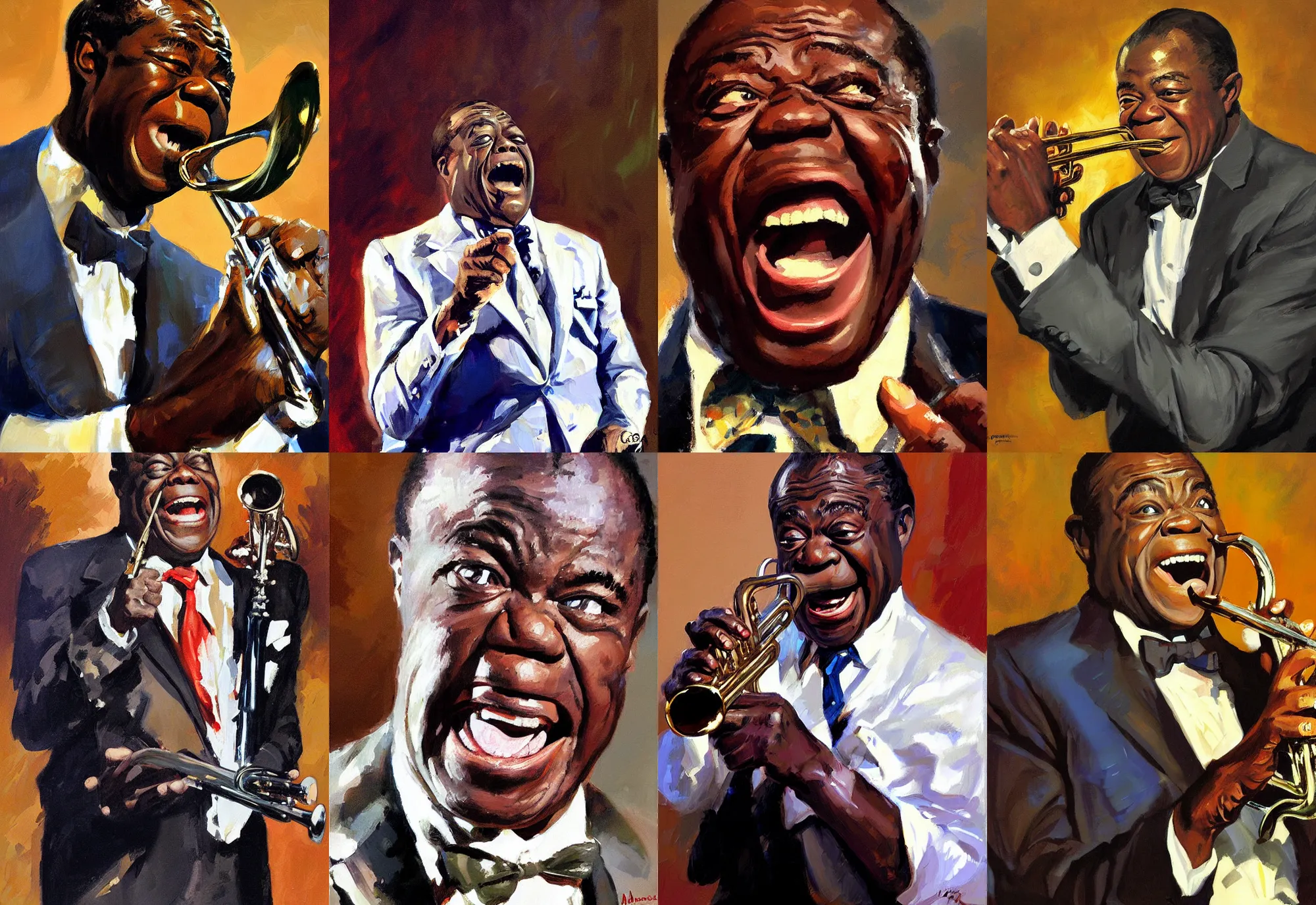Image similar to a portrait of louis armstrong telling a joke, by greg manchess, dramatic lighting, highly detailed digital painting