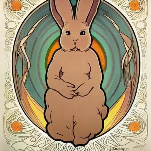 Prompt: cute bunny rabbit, mushroom cloud, cartoon, alphonse mucha