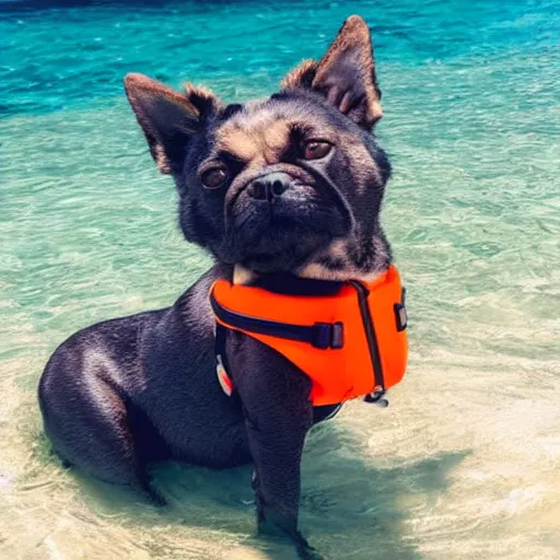 Image similar to photo of dog wearing a life jacket in the ocean