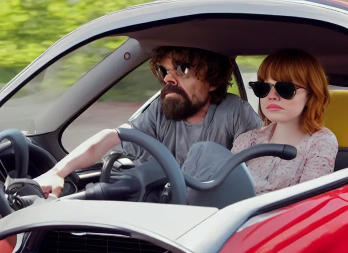 Image similar to peter dinklage and emma stone driving a little tikes cozy coupe, movie still, from the new smokey and the bandit movie, 8 k, realistic