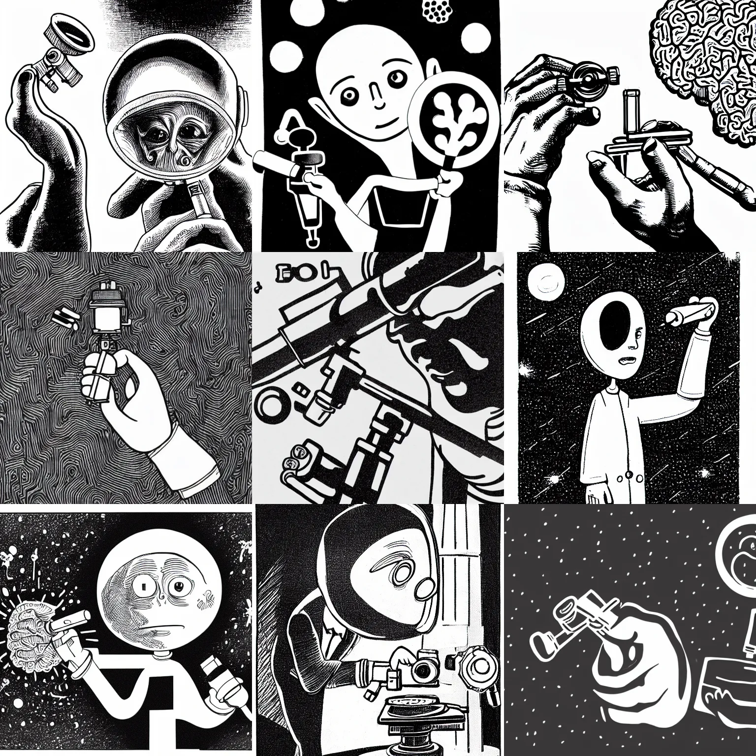 Prompt: a black and white ink pen illustration of et holding a microscope in one hand and a small brain in the other hand, highly detailed