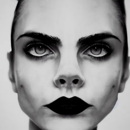 Image similar to minimalistic black and white portrait of cara delevigne, ink on canvas, trending on artstation, eyes, eyebrows, nose, lips, detailed, art