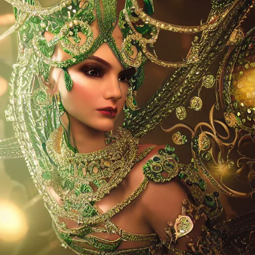 Image similar to photograph of princess, green jewels, breathtaking, ornate, intricate, hyper detailed, accent lighting, dramatic light, 4 k octane render