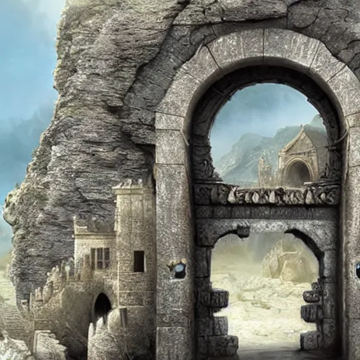 Image similar to beautiful matte painting of the grand ancient stone door, fantasy, sharp focus