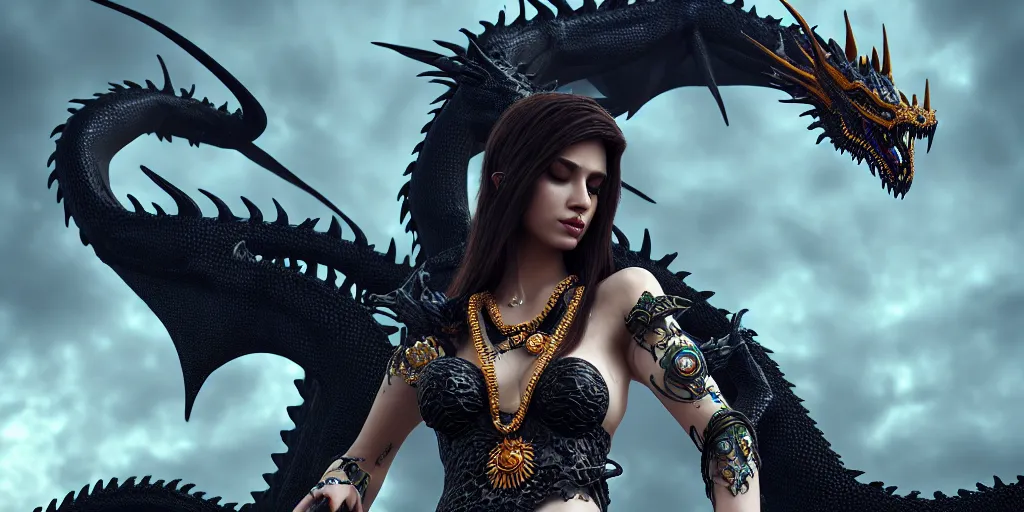 Image similar to painting of sorceress with intricate jewelry on a black dragon, immaculate scale, hyper-realistic, Unreal Engine, Octane Render, digital art, trending on Artstation, 8k, detailed, atmospheric, immaculate