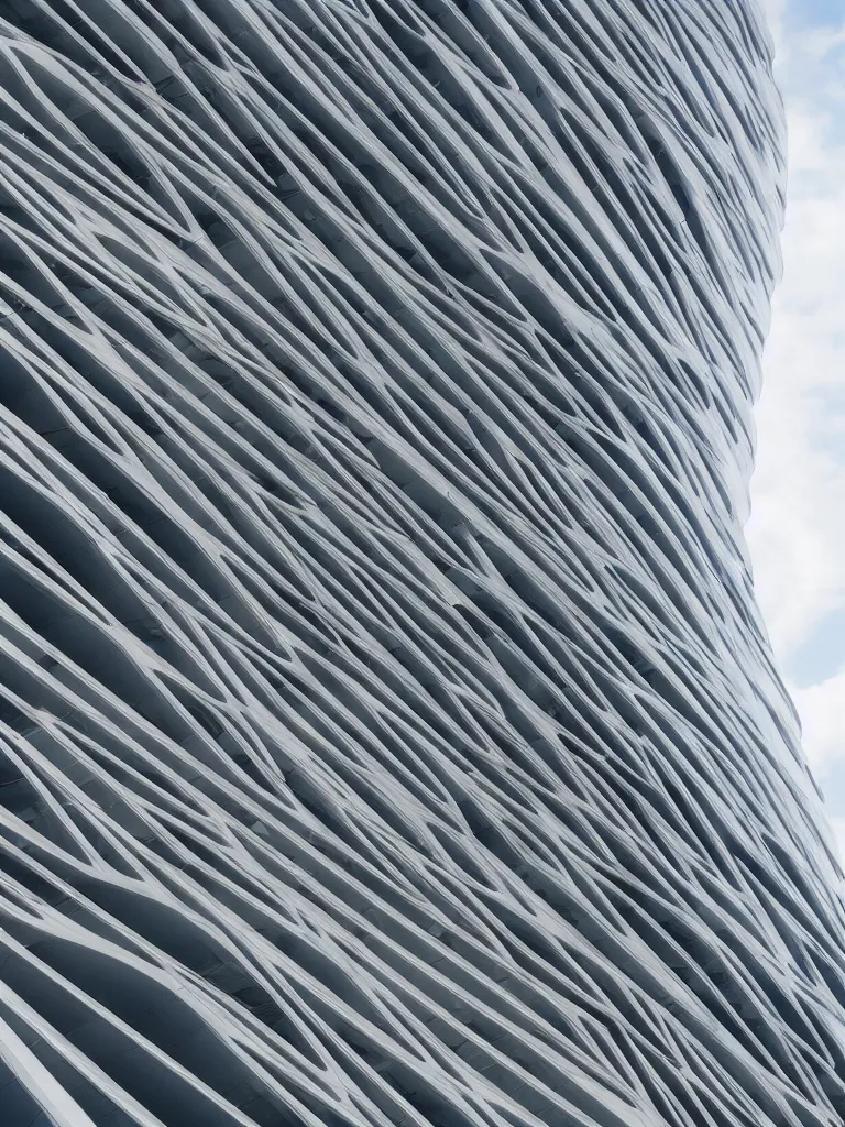 Image similar to a photograph of a building designed by Zaha Hadid, view from ground level