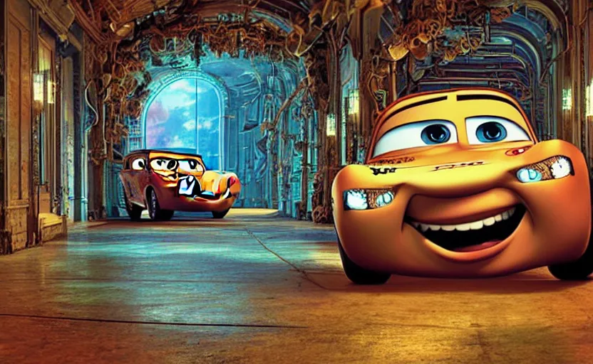 Image similar to mater from cars in a mirrored fractal hallway, romance novel cover, in 1 9 9 5, y 2 k cybercore, low - light photography, still from a ridley scott movie