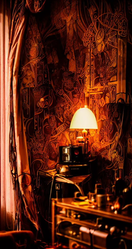 Image similar to telephoto 7 0 mm f / 2. 8 iso 2 0 0 photograph depicting the feeling of chrysalism in a cosy dark cluttered french art nouveau cyberpunk apartment in a dreamstate art cinema style.