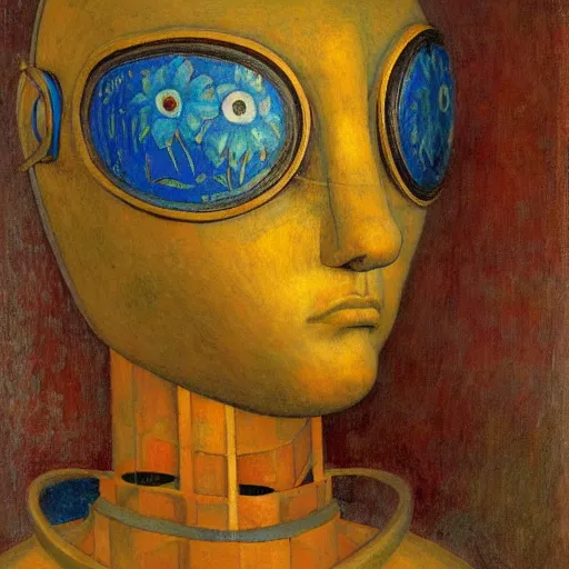 Prompt: the mechanical robot in her floral mask, by annie swynnerton and diego rivera, and nicholas roerich and jean delville, symbolist, dramatic lighting, elaborate geometric ornament, art brut, soft cool colors, smooth, sharp focus, extremely detailed, adolf wolfli