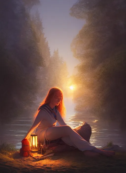 Prompt: full portrait of mage traveller resting at her tent at a lake. intricate, elegant, highly detailed, digital painting, artstation, concept art, smooth, sharp focus, illustration, art by artgerm and greg rutkowski, 4 k