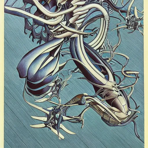 Image similar to beautifully colored sazabi by m. c. escher, junji ito h. r. giger