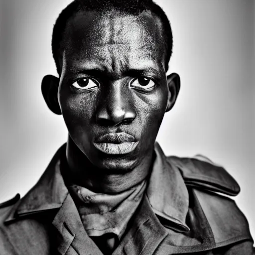 Prompt: black and white photo, portrait of rwandan soldier looking angry by richard avedon, realistic, Leica, medium format, cinematic lighting, parallax, high resolution,