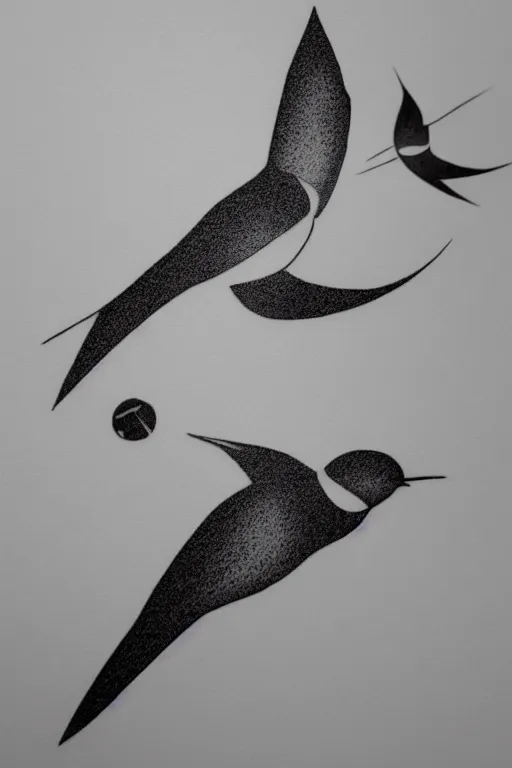 Image similar to a beautiful swallow tattoo design of minimalist swallows flying into spherical lines and simple basic shapes, black ink, abstract logo, line art