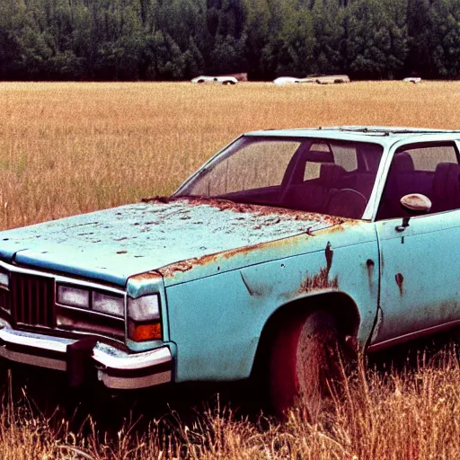 Prompt: A photograph of a very rusty, very worn out, very broken down, beater 1976 Powder Blue Dodge Aspen in a farm field, photo taken in 1989