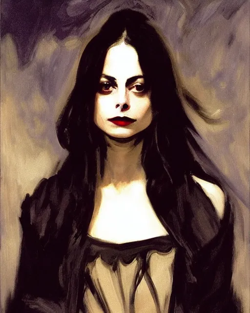 Image similar to style of john singer sargent : : gorgeous willa holland : : evil witch, swirling black magic : : symmetrical face, symmetrical eyes : : full body pose : : gorgeous black hair : : magic lighting, low spacial lighting : :