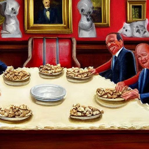 Image similar to oil painting of us senators devouring bones in the Senate chamber