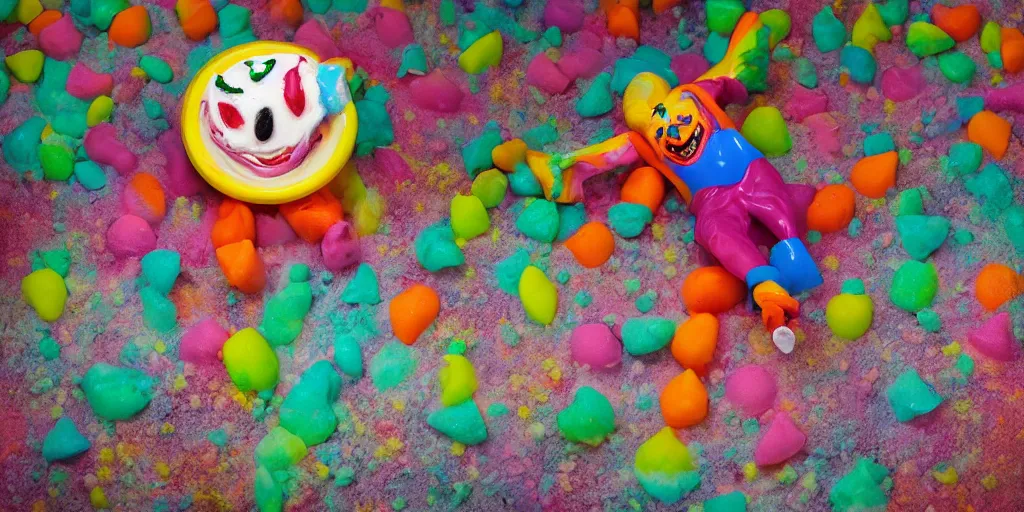 Image similar to a huge messy colorful puddle of runny rainbow sherbet on the floor of a abandoned ice cream parlor comes to life, the sherbet raises to stand in the shape of a evil clown with sharp scary fangs attacking. a legion of giant evil gummy bares are behind.