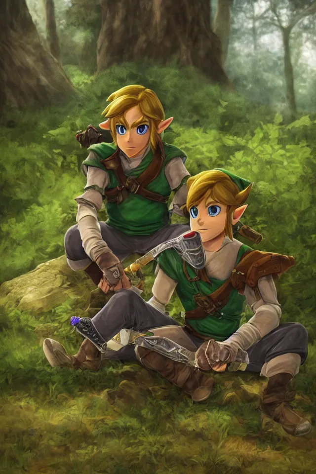 Prompt: a photorealistic portrait of link sitting in woods of hyrule playing ocarina, with a ultra detailed texture and a dreamy atmosphere, hdr, cinematic scene, beautiful light