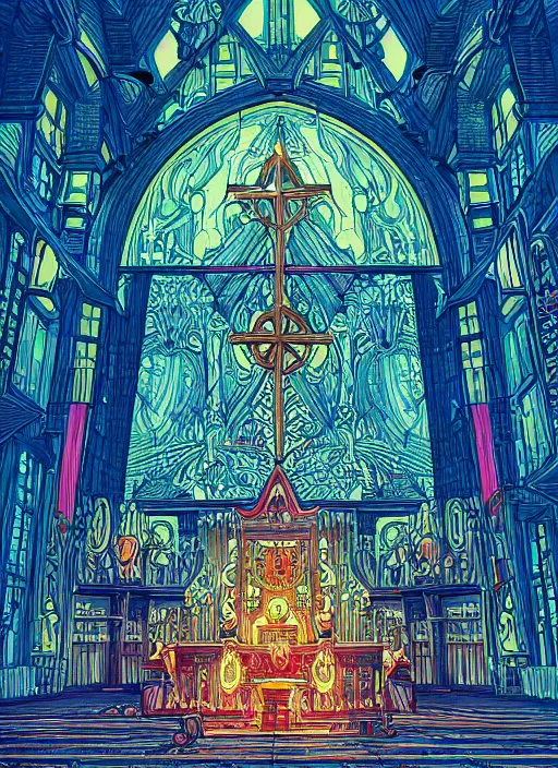 Image similar to the church of anime, an ultrafine detailed illustration by james jean, intricate linework, bright colors, final fantasy, behance contest winner, vanitas, angular, altermodern, unreal engine 5 highly rendered, global illumination, radiant light, detailed and intricate environment