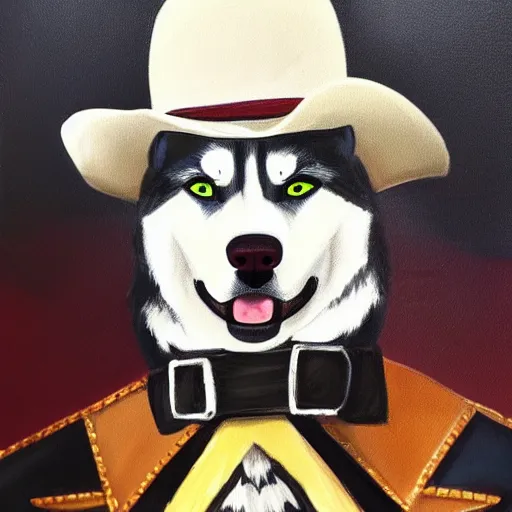 Image similar to a portrait painting of a husky in cowboy costume, wearing a cowboy hat, in the style of anime, trending on artstation