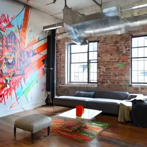 Prompt: trendy downtown loft with modern murals on the wall, modern art and patterns, interior design, beautiful architecture