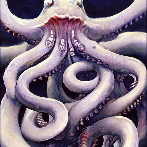 Image similar to Underwater Tentacle Pandomonium;Art by Greg Manchess, Art Direction by Jeremy Jarvis; painting spiraling inward; Deep sea horror; teeth and eyes; illustration