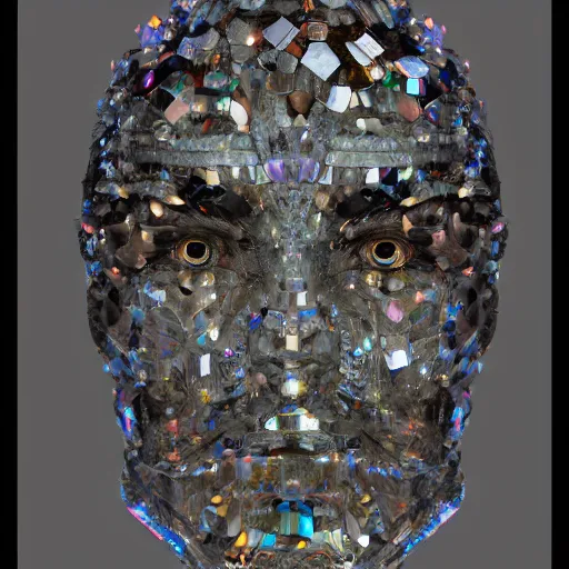 Image similar to portrait of a crystal face made of crystals 3 / 4 bottom view ominous, intricate, studio, art by anthony macbain + greg rutkowski + alphonse mucha, concept art, 4 k, sharp focus