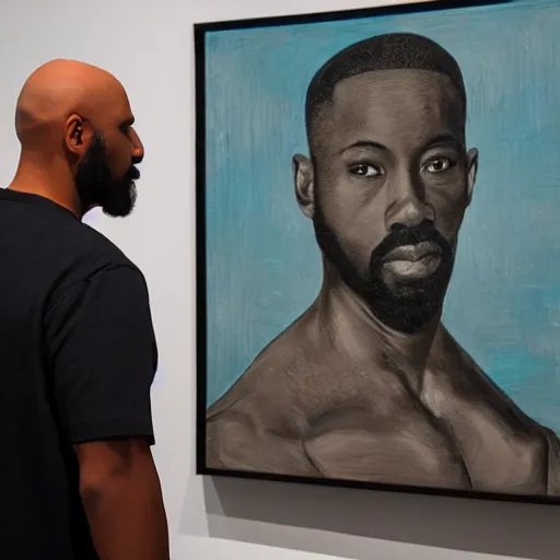 Image similar to a strikingly handsome bald 🧔🏿‍♂️ with a goatee viewing contemporary artwork at the Hirschhorn museum