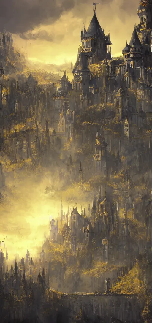 Prompt: A digital concept art painting of a black and yellow renacentis fantasy european castle in a city renacentis, ,sunny day, 4K UHD image, unreal engine, Graphic Novel, Visual Novel, professional lighting,deviantart,artstation, vibrant colors, 8k photorealistic, HD, high details,solarpunk