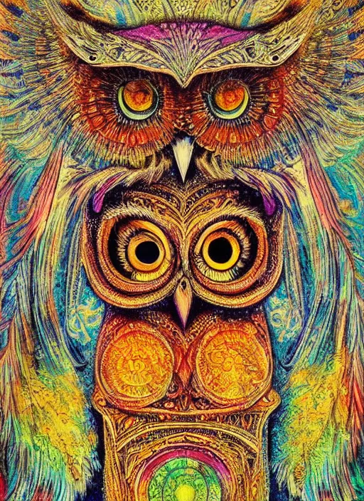 Image similar to detailed psychedelic painting of a owl god, Da Vinci Style