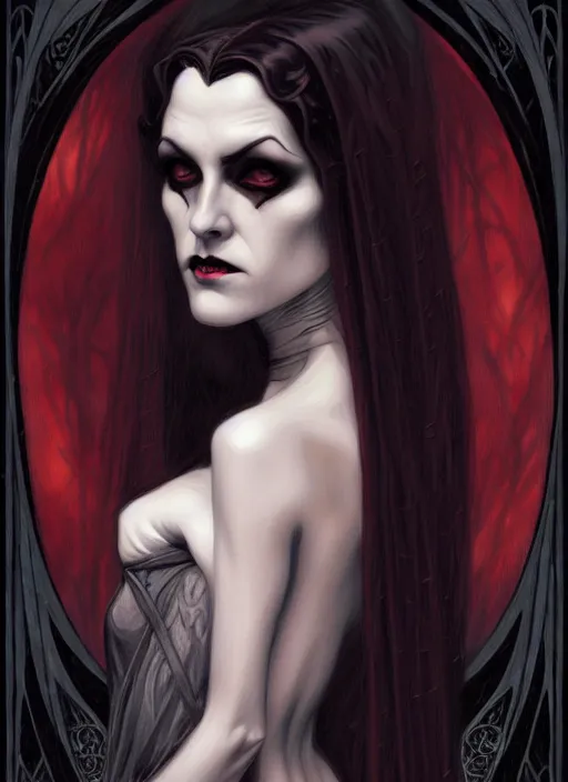 Image similar to an art nouveau, evil vampire portrait in the style of charlie bowater, and in the style of donato giancola, and in the style of charles dulac. very large, clear, expressive, intelligent eyes. symmetrical, centered, ultrasharp focus, dramatic lighting, photorealistic digital painting, intricate ultra detailed background.