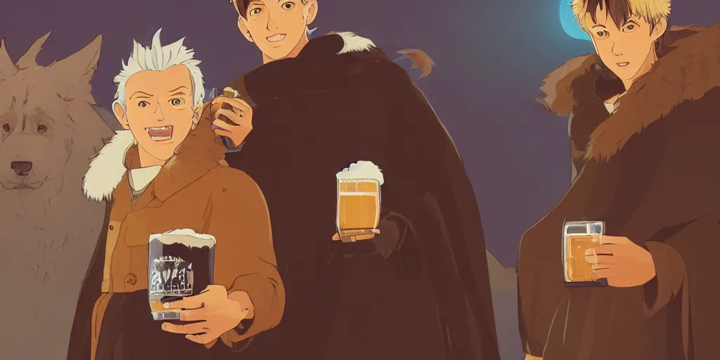 Image similar to a two german shepherds beast - men, holding a mug of beer, a lot of pockets, fur cape, tavern background, magical, bright, colorful, fantastic lighting, amazing details, 4 k uhd, illustration by hayao miyazaki and makoto shinkai and ilya kuvshinov, artstation, pixiv,