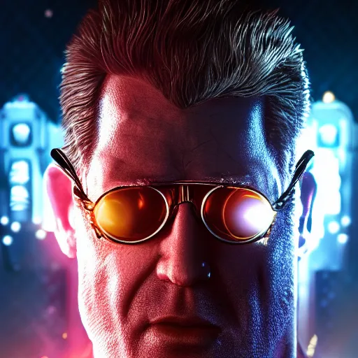 Prompt: portrait duke nukem of 8k ultra realistic retro , lens flare, atmosphere, glow, detailed,intricate,blade runner, cybernetic, full of colour, cinematic lighting, trending on artstation, 4k, hyperrealistic, focused, extreme details,unreal engine 5, cinematic, masterpiece, art by ayami kojima, giger