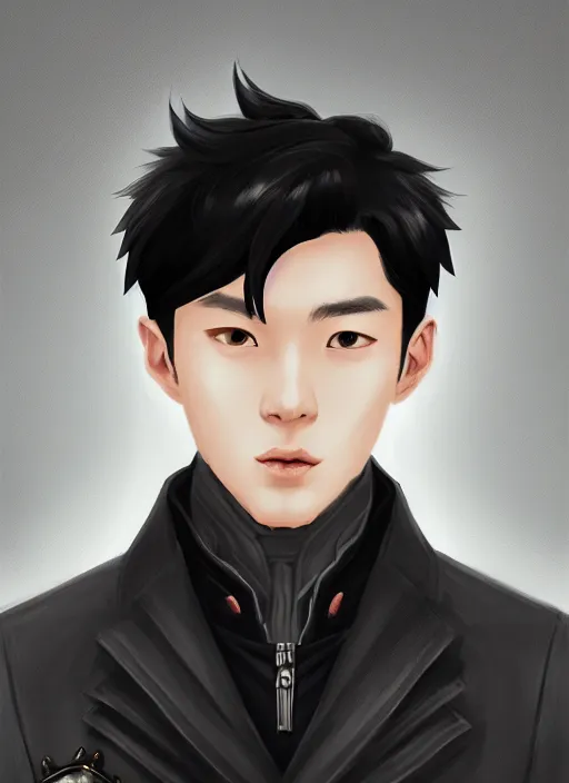 Prompt: a highly detailed illustration of young attractive black haired korean guy wearing black detective coat with coattails, heroic pose, strings background, intricate, elegant, highly detailed, centered, digital painting, artstation, concept art, smooth, sharp focus, league of legends concept art, wlop.