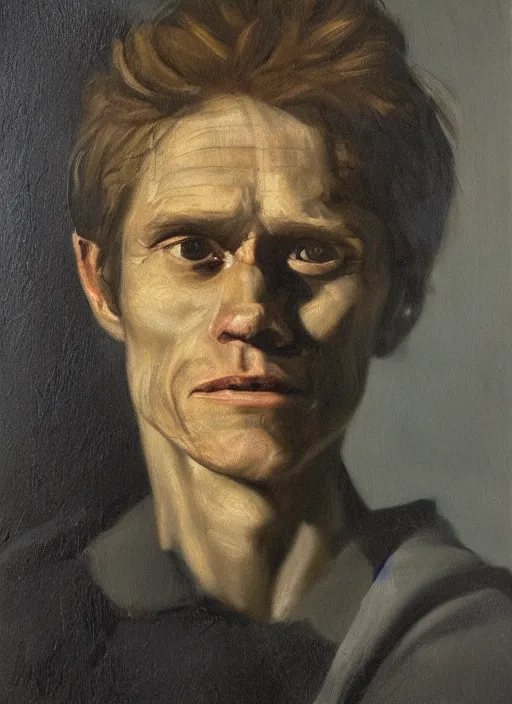 Prompt: portrait painting of young willem dafoe, renaissance oil painting, studious chiaroscuro