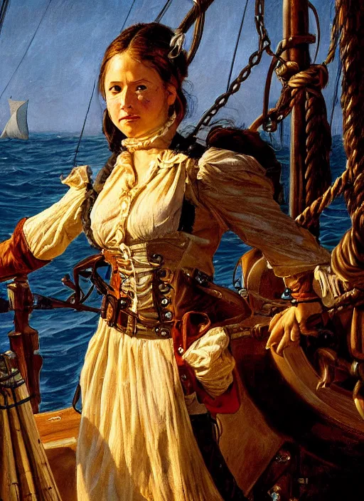 Image similar to close - up portrait of a female pirate with two peglegs and two hook hands, standing at the wheel of a galleon, sails and rigging, detailed dynamic light painting by albrecht anker