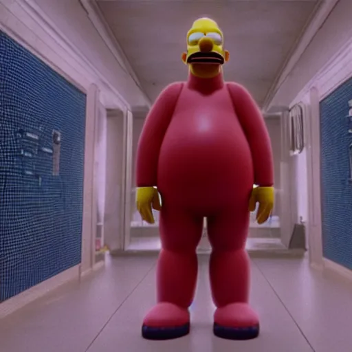 Image similar to A high res cinematic film still of Homer Simpson in the movie The Matrix.