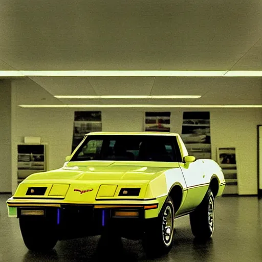 Prompt: 1979 Blazer Corvette, inside of an auto dealership, ektachrome photograph, volumetric lighting, f8 aperture, cinematic Eastman 5384 film