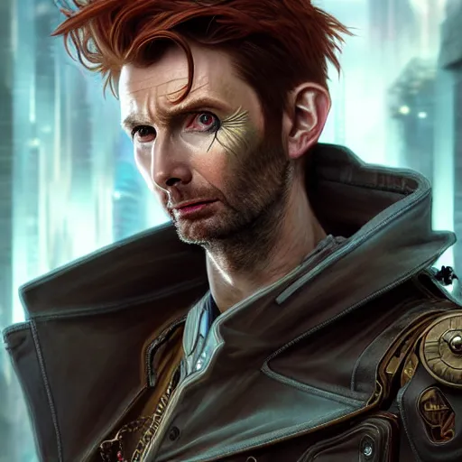 Image similar to portrait painting of a cyberpunk elf mercenary redhead david tennant, ultra realistic, concept art, intricate details, eerie, highly detailed, photorealistic, octane render, 8 k, unreal engine. art by artgerm and greg rutkowski and charlie bowater and magali villeneuve and alphonse mucha