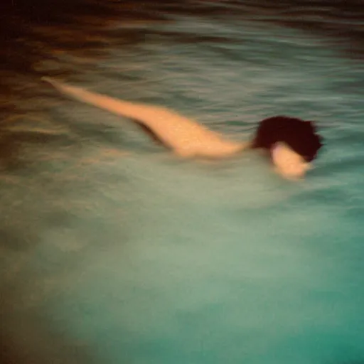 Image similar to colored photography, close-up from behind big chested woman swimming in under ocean at night, blue light, 35mm film,