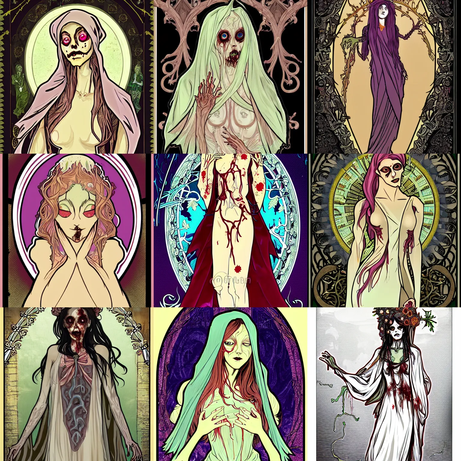 Prompt: zombie wizard girl inspired by plastination, beautiful face, wearing robes inspired by alphonse mucha