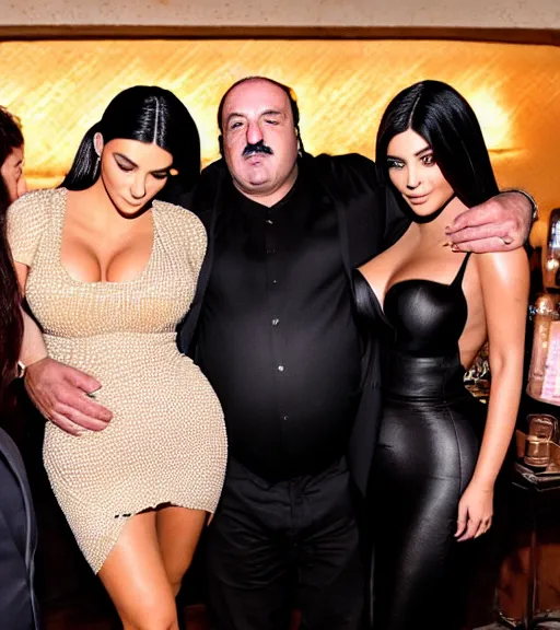 Prompt: Tony Soprano hugging kim kardashian & kylie Jenner at the same time in a mafia restaurant