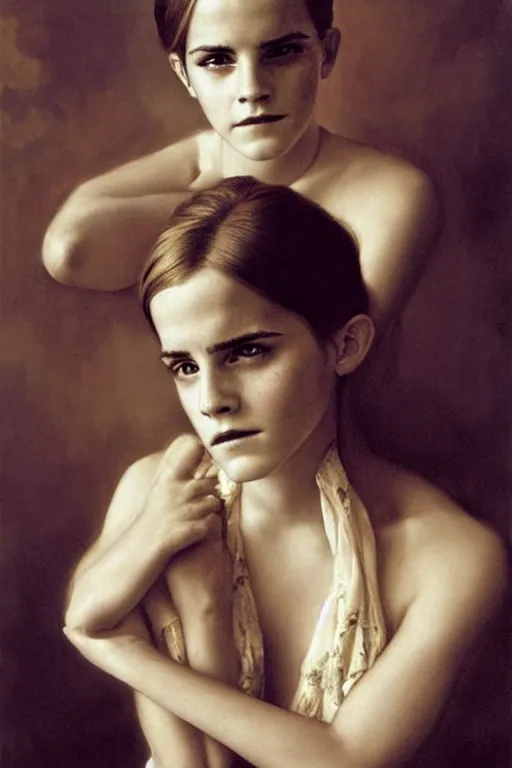 Prompt: emma watson frowning detailed portrait painting by gaston bussiere craig mullins j. c. leyendecker photograph by richard avedon peter lindbergh annie leibovitz