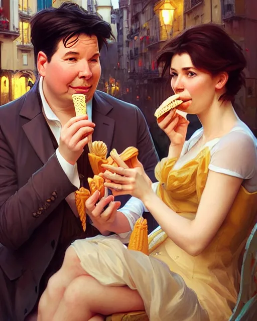 Prompt: Portrait of a  Anya Amasova and Michael mcintyre eating ice creams in Porto,real life skin, intricate, elegant, highly detailed, artstation, concept art, smooth, sharp focus, art by artgerm and greg rutkowski and alphonse mucha